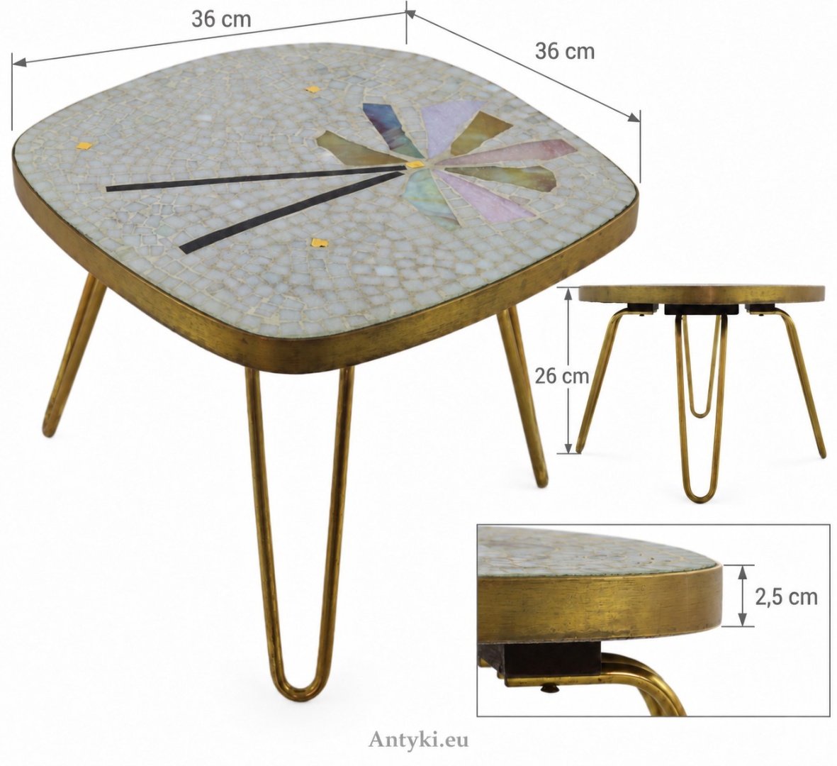 wymiary kwietnika: wysokość 26 cm, blat 36 na 36 cm i grubość 2,5 cm